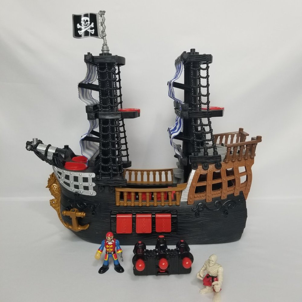 2006 Imaginext Mattel Black Pirate Ship with Moveable Sails and Figures--Retired